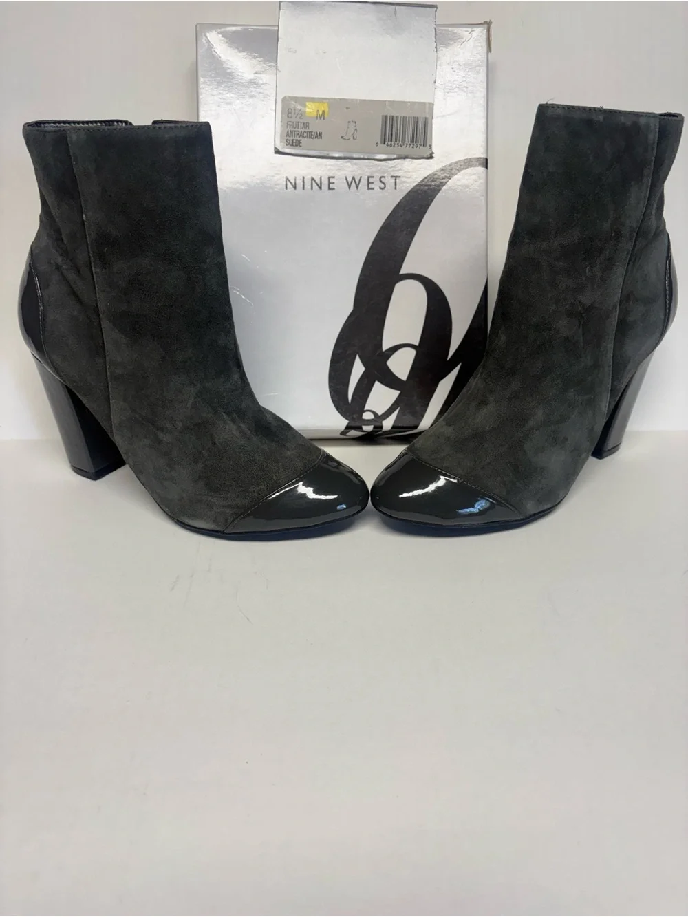 Nine West Charcoal Gray Suede Ankle Boots with Patent Toe